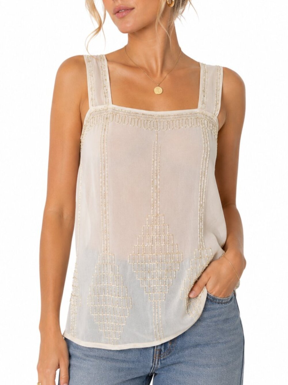 BKE Boutique Ivory Beaded Tank XS Art Deco Boho Embellished Sleeveless Top